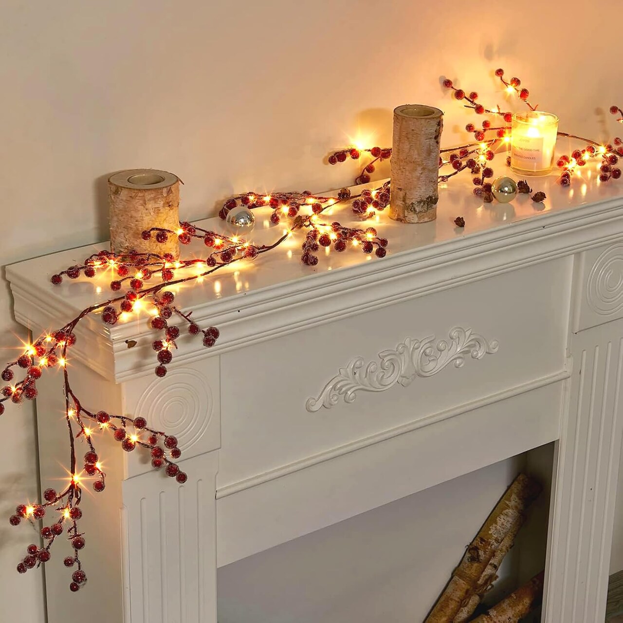 6FT Red Berry Battery Operated Christmas Garland Lights